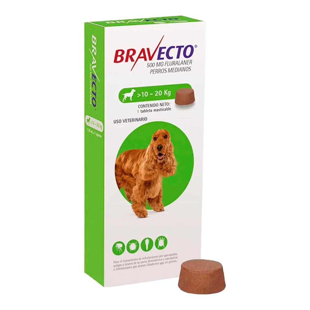 ANTIPULGAS PERRO BRAVECTO 500 MG TABLETA 10-20 KG