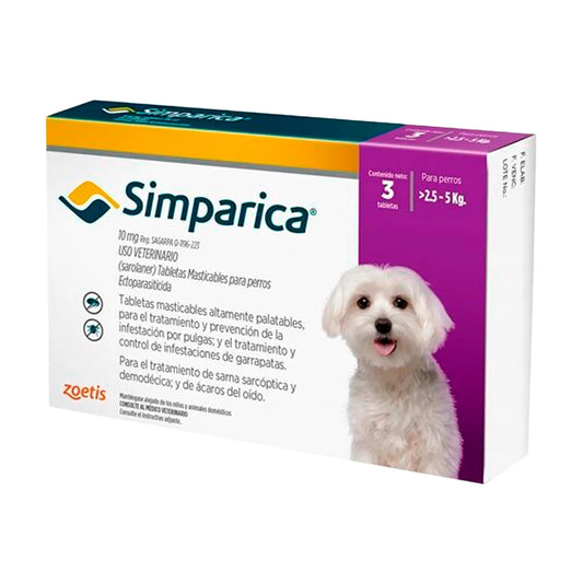 ANTIPULGAS ANTIGARRAPATAS SIMPARICA 2.5-5 KG X3 TABLETAS