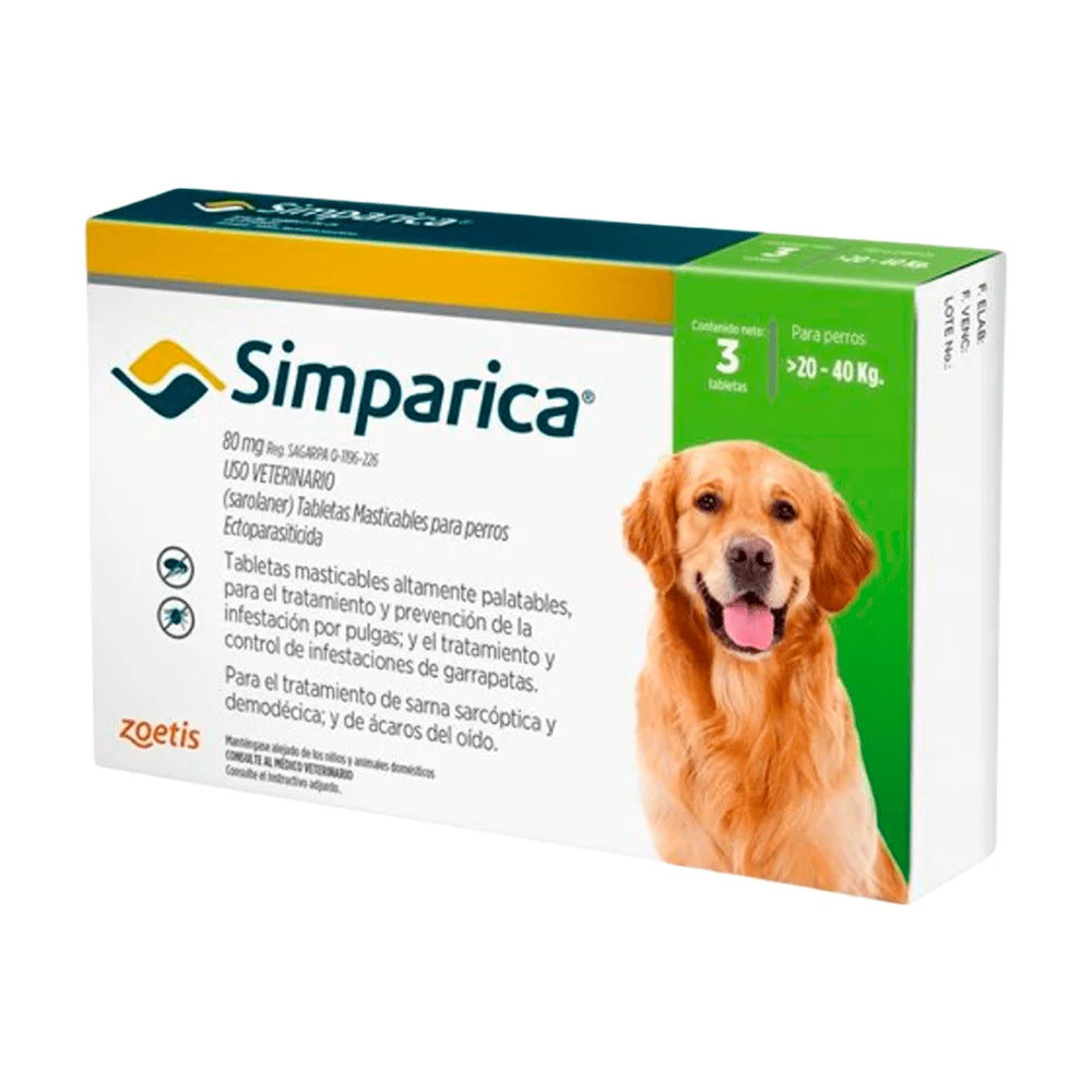ANTIPULGAS ANTIGARRAPATAS SIMPARICA 20-40 KG X3 TABLETAS