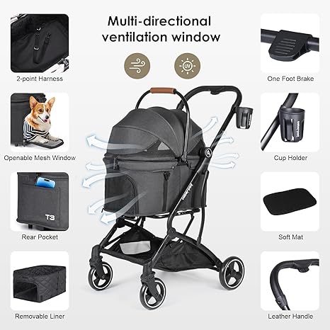 Coche 3 en 1 Plegable para Perro Negro