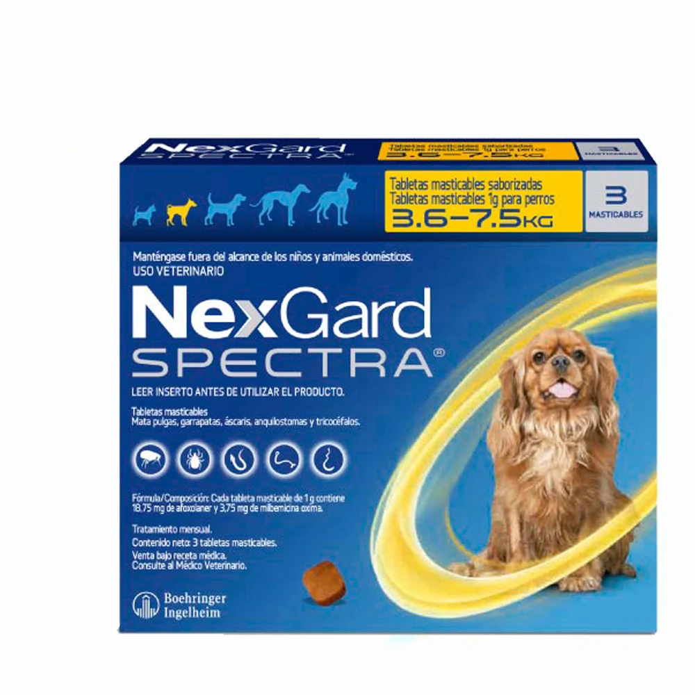 ANTIPULGAS ANTIPARASITARIO NEXGARD SPECTRA 3.6-7.5 KG X3 TABLETAS