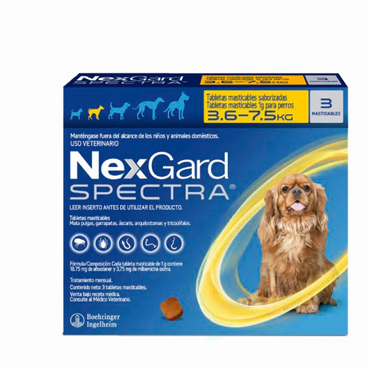 ANTIPULGAS ANTIPARASITARIO NEXGARD SPECTRA 3.6-7.5 KG X3 TABLETAS