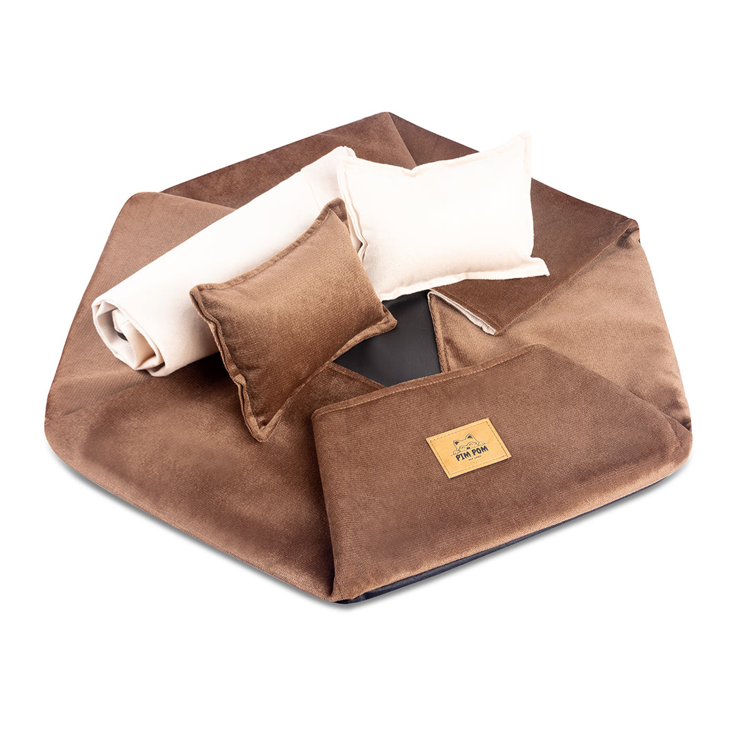 CAMA PREMIUM HEXAGONAL COLOR MARRÓN CON BEIGE PARA PERRO DE FÁCIL LAVADO 🐾