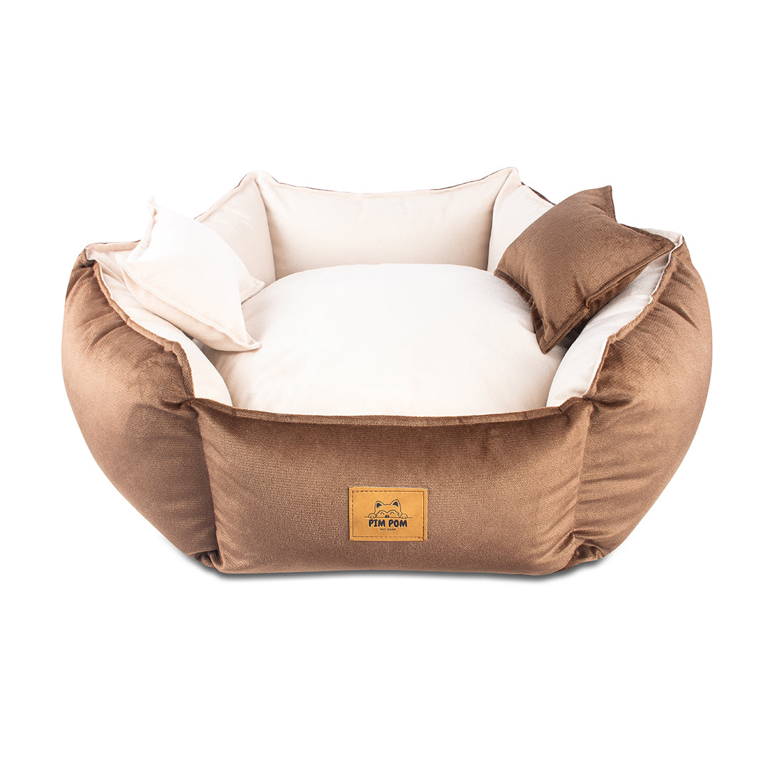 CAMA PREMIUM HEXAGONAL COLOR MARRÓN CON BEIGE PARA PERRO DE FÁCIL LAVADO 🐾
