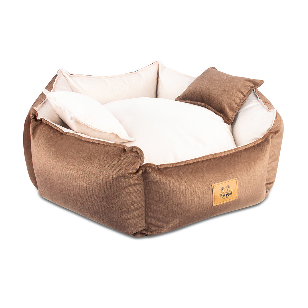 CAMA PREMIUM HEXAGONAL COLOR MARRÓN CON BEIGE PARA PERRO DE FÁCIL LAVADO 🐾