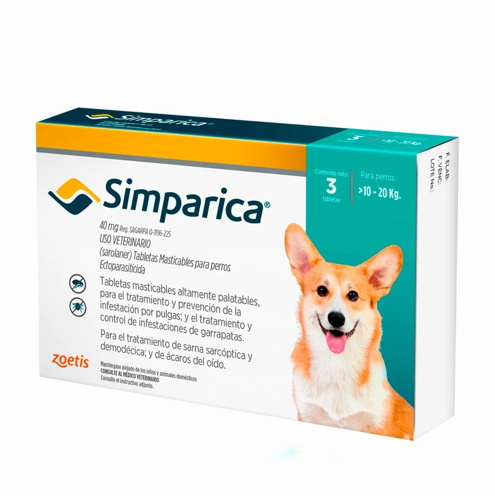 ANTIPULGAS ANTIGARRAPATAS SIMPARICA 10-20 KG X3 TABLETAS