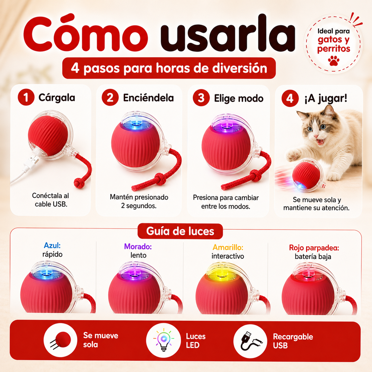 Pelota Inteligente Interactiva para Gatos y Perros